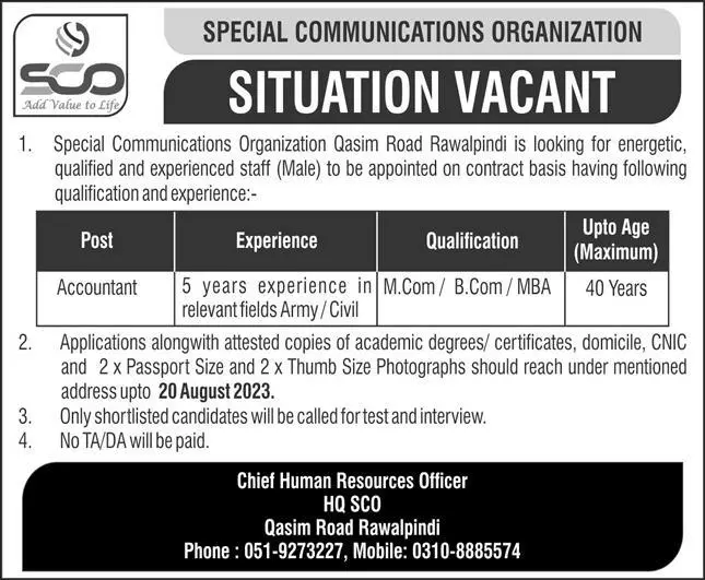 Special Communications Organization SCO Rawalpindi Jobs – Special Communication Organization Jobs 2023 — original advertisement