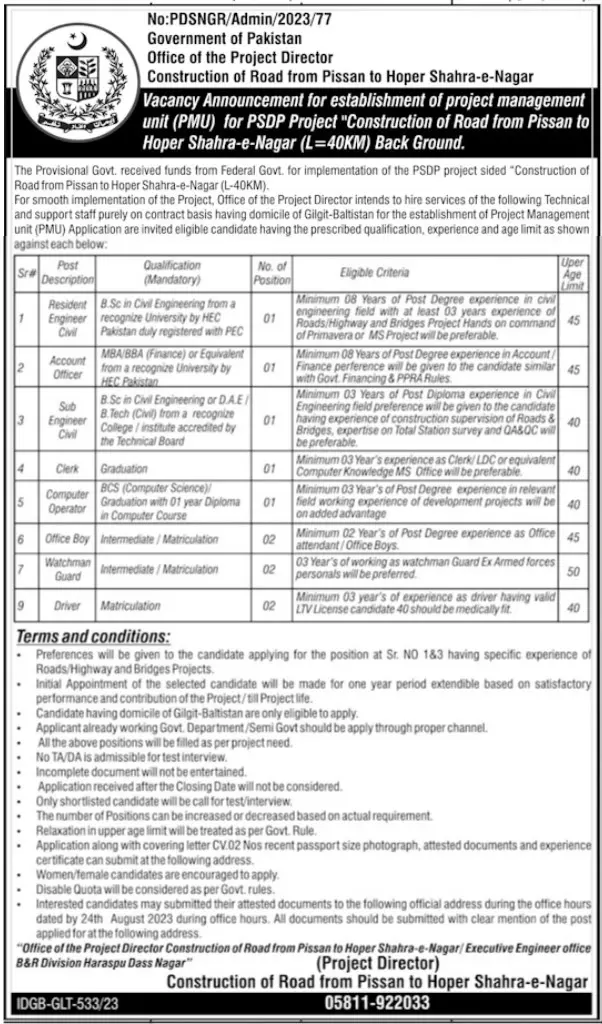 Project Management Unit PMU Nagar Valley Jobs 2023 – Government of Gilgit-Baltistan Jobs 2023 — original advertisement