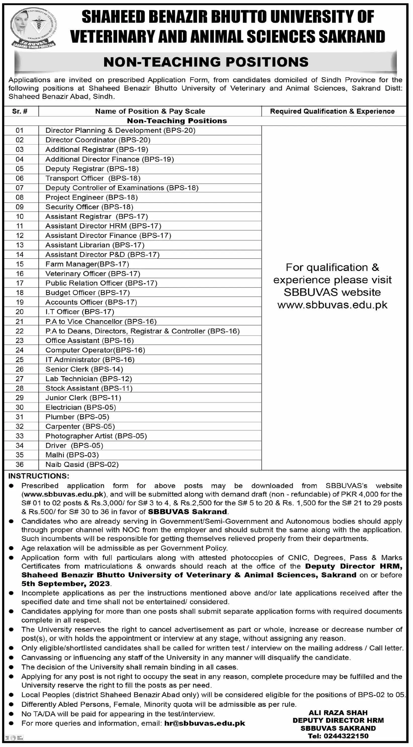 Benazir Bhutto University Of Veterinary Nawabshah Jobs 2023 – Shaheed Benazir Bhutto University of Veterinary & Animal Sciences Sakrand Sindh Jobs 2023 — original advertisement