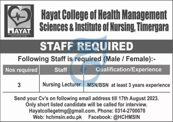 Hayat College of Health Management Sciences Institute Jobs – Hayat College of Health Management Sciences and Institute of Nursing Jobs 2023 — original advertisement