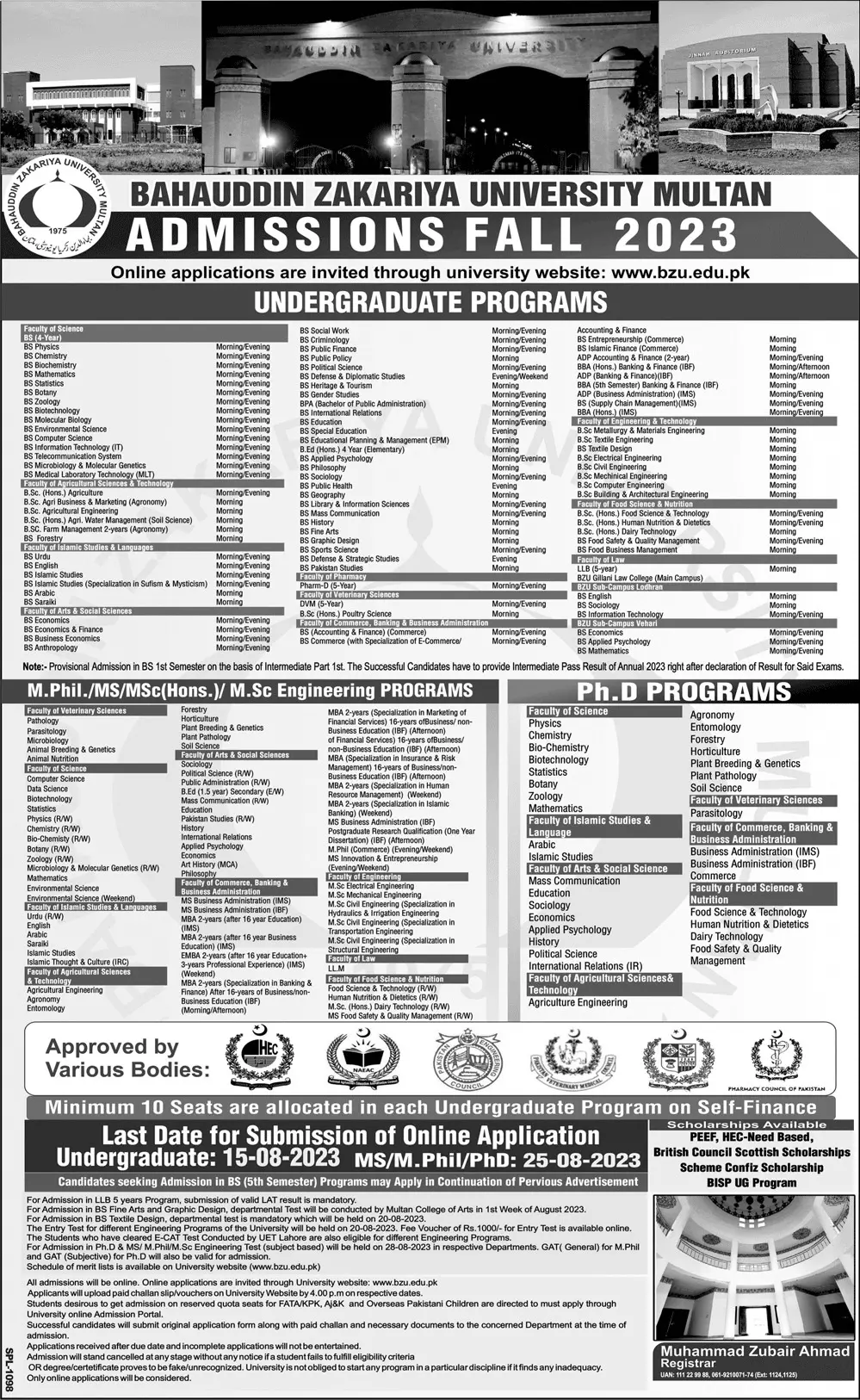 Bahauddin Zakariya University Multan Admissions 2023 Admissions 2023 — original advertisement