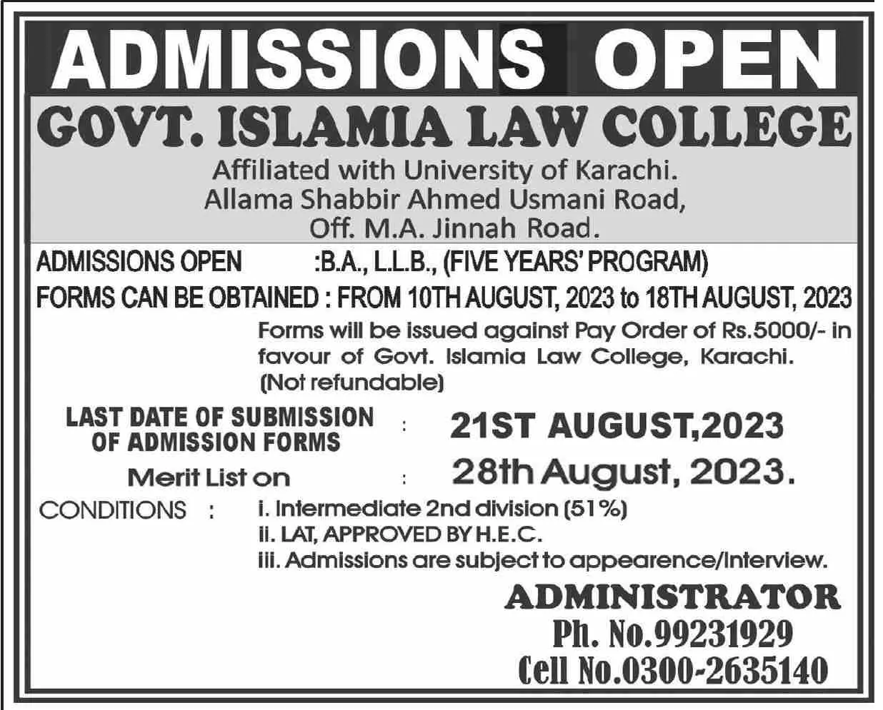 Govt islamia Law College Karachi Admissions 2023 Admissions 2023 — original advertisement