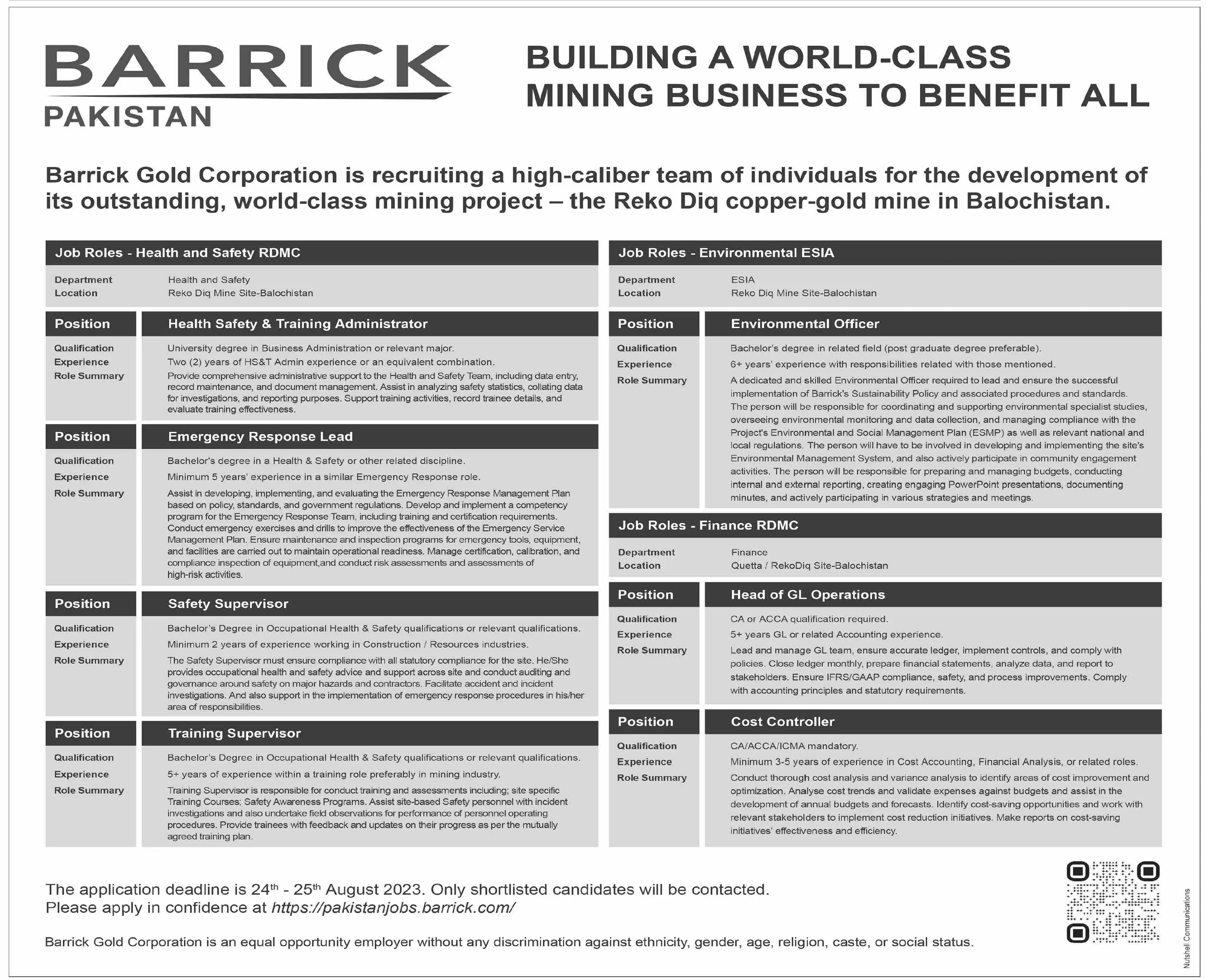 Barrick Pakistan Chaghi Balochistan Jobs 2023 Jobs 2023 — original advertisement