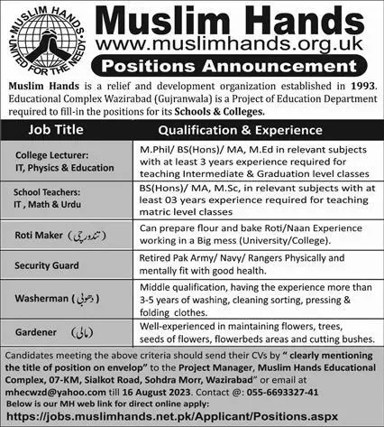 Muslim Hands Educational Complex Wazirabad Jobs 2023 Jobs 2023 — original advertisement
