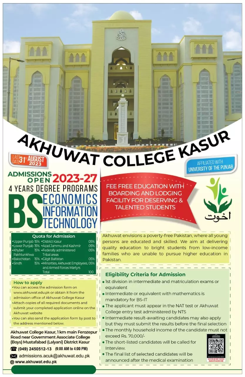 Akhuwat College Kasur Punjab Admissions 2023 Admissions 2023 — original advertisement