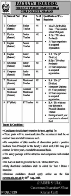 Cantt Public High School and Girls College Kharian Jobs 2023 – Federal Govt Educational Institutes Cantts and Garrisons Jobs 2023 — original advertisement
