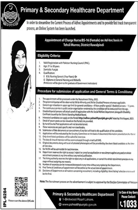 Primary & Secondary Healthcare Department Murree Jobs 2023 – Health Department Punjab Jobs 2023 — original advertisement