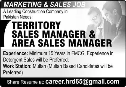 Leading Construction Company Multan Jobs 2023 – Private Company Jobs 2023 — original advertisement