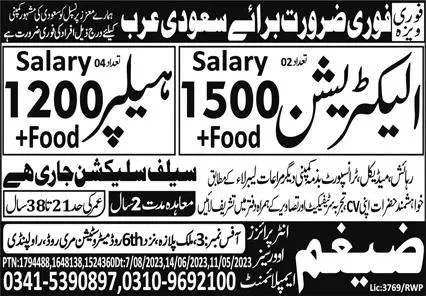 Electrician And Helper Jobs In Saudi Arabia 2023 – Zaighum Enterprises Overseas Employment Jobs 2023 — original advertisement