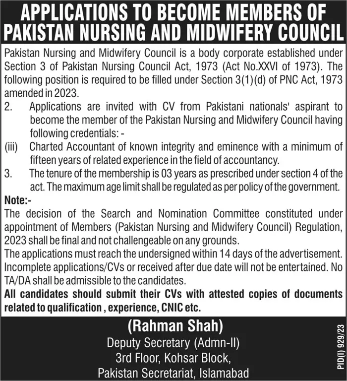 Pakistan Nursing & Midwifery Council Islamabad Jobs 2023 – Federal Tax Ombudsman Secretariat Pakistan Islamabad Jobs 2023 — original advertisement