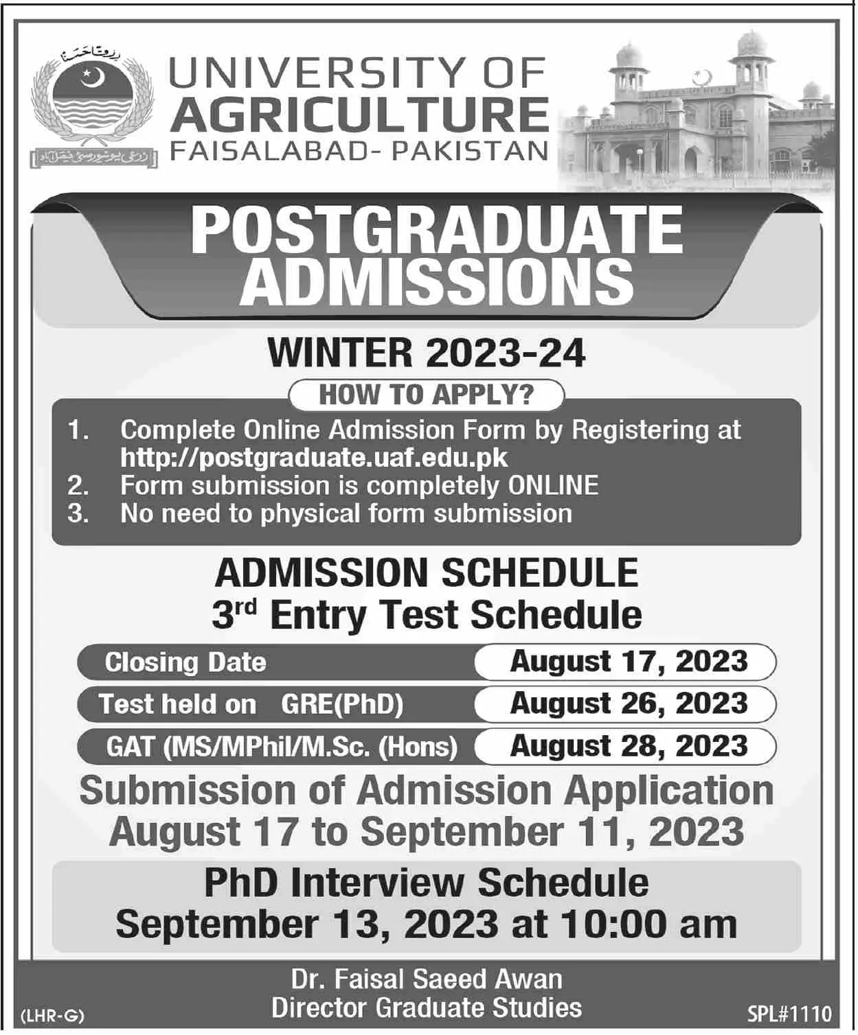 University of Agriculture Faisalabad Admissions 2023 Admissions 2023 — original advertisement