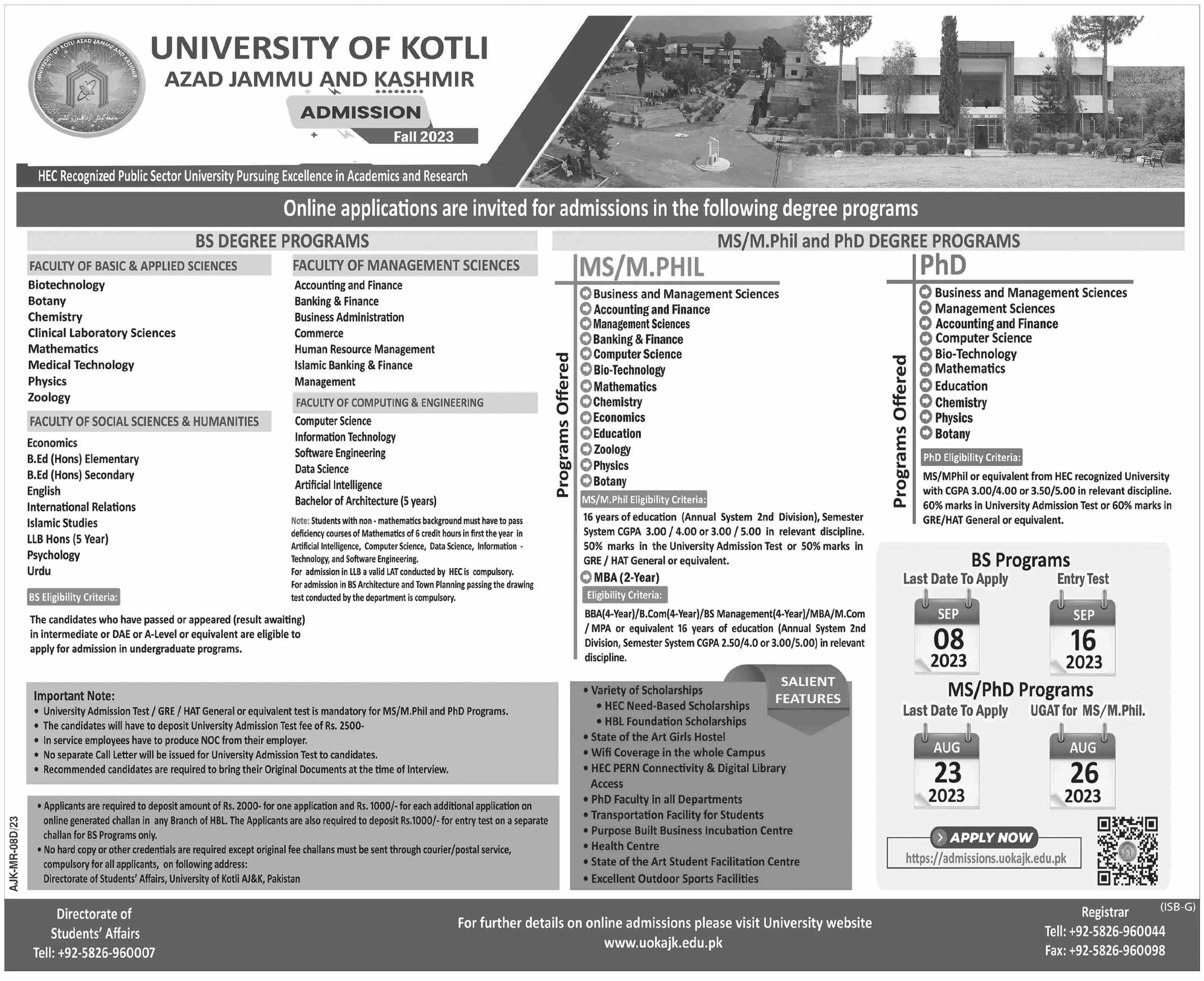 University of Kotli Azad Jammu and Kasmir Admissions 2023 – University of Kotli Azad Jammu and Kashmir Admissions 2023 — original advertisement