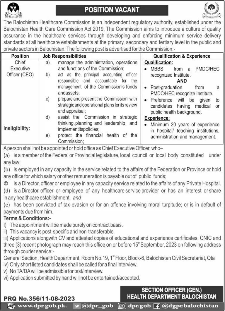 Health Department Balochistan Jobs 2023 – Health Department Balochsitan Jobs 2023 — original advertisement