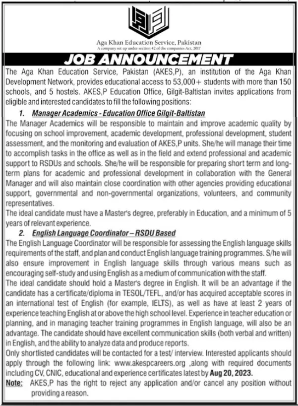 Aga Khan Education Service Pakistan Gilgit Jobs 2023 Jobs 2023 — original advertisement