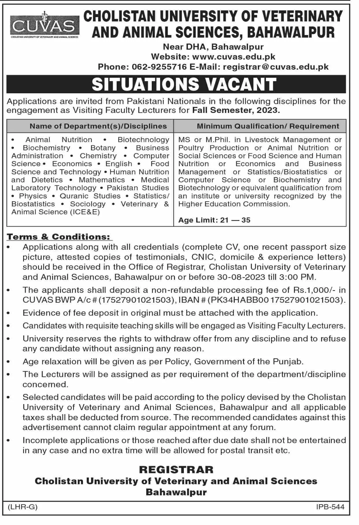 Cholistan University Of Veterinary & Animal Sciences Jobs – Cholistan University of Veterinary and Animal Sciences Bahawalpur Jobs 2023 — original advertisement