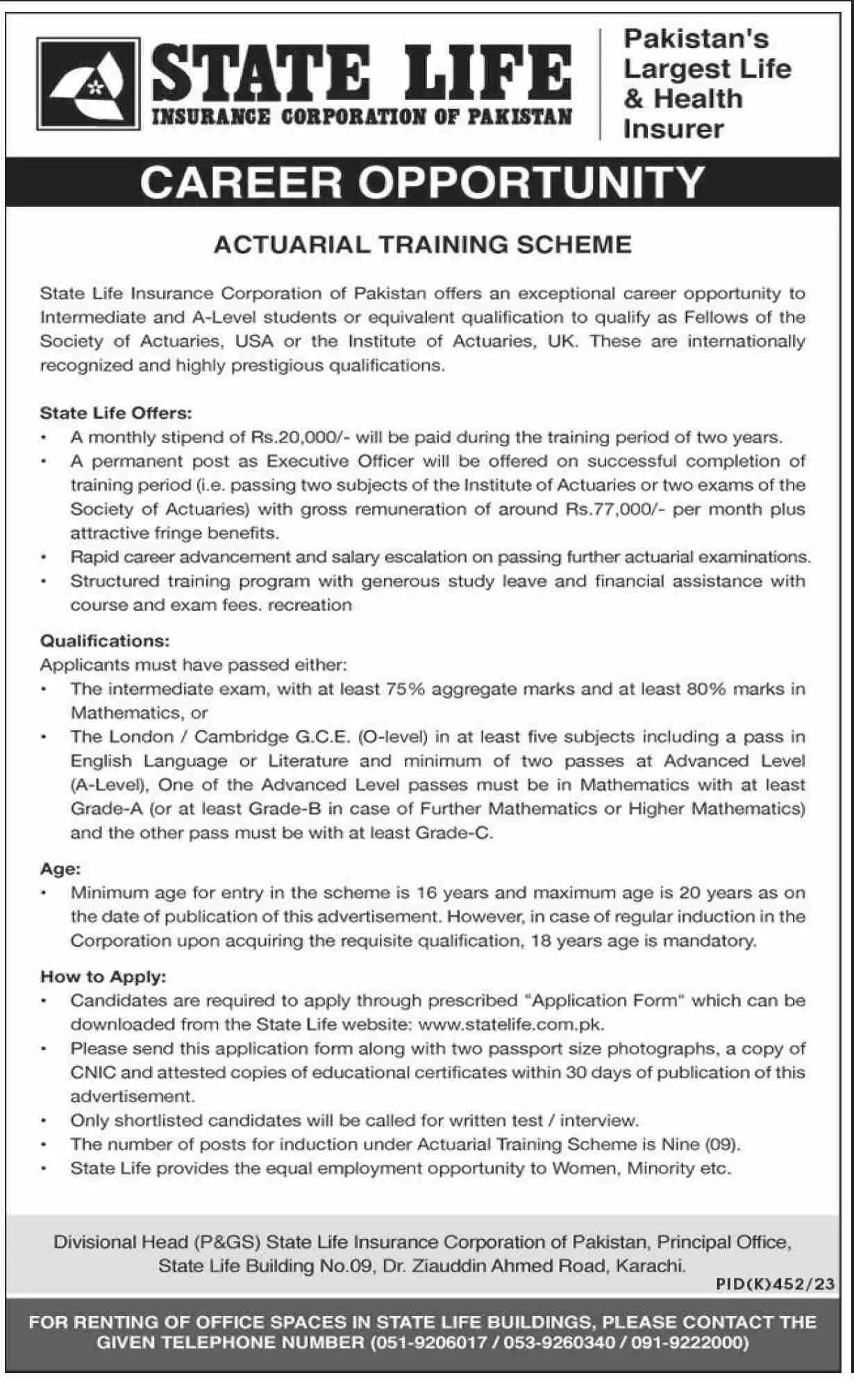 State Life Insurance Karachi Sindh Jobs 2023 – State Life Insurance Corporation of Pakistan Jobs 2023 — original advertisement