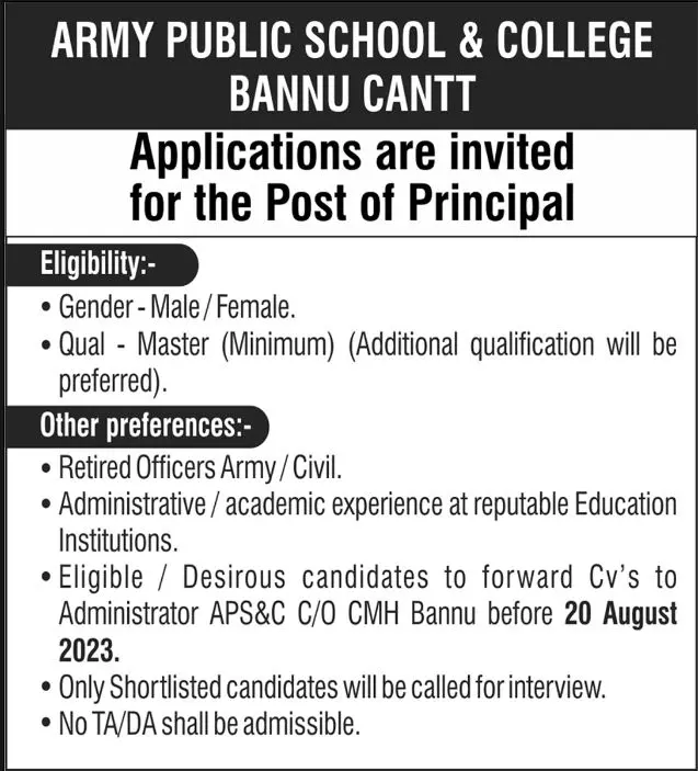 Army Public School & College APS&C Bannu Cantt Jobs 2023 – Army Public School & College Paksitan Jobs 2023 — original advertisement