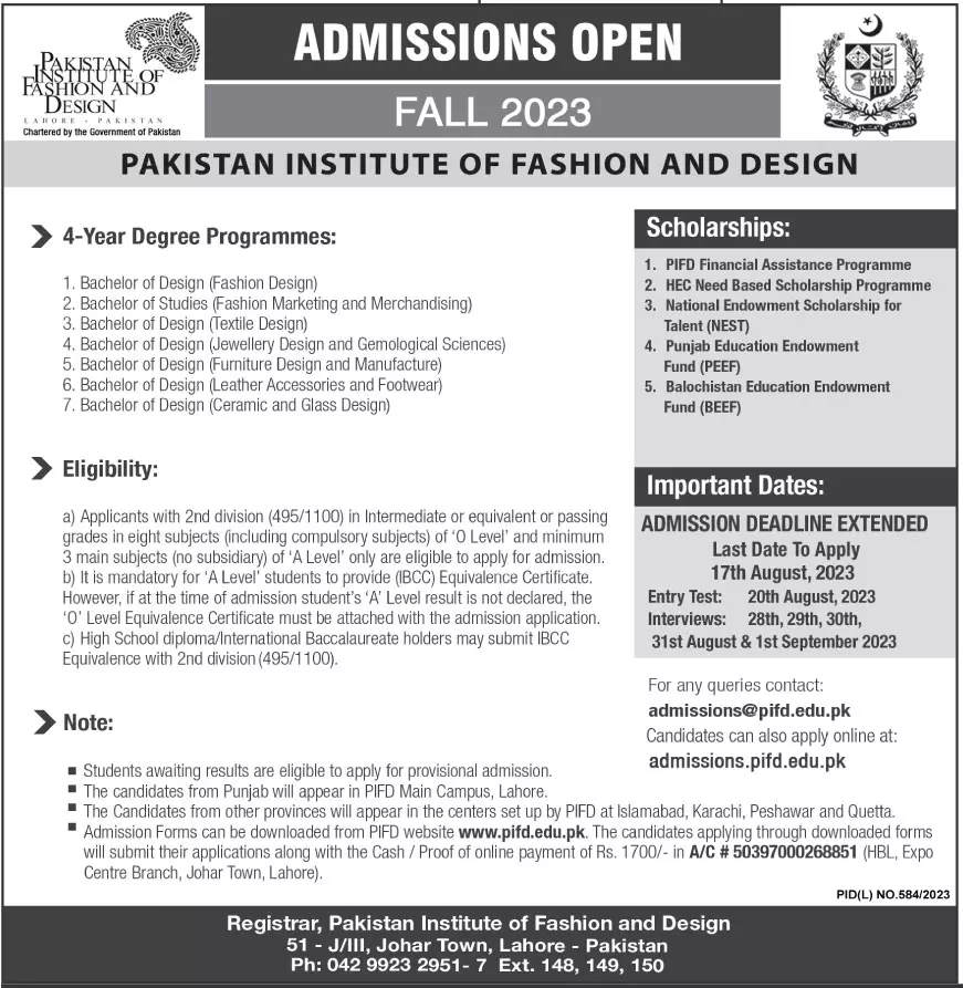Pakistan Institute of Fashion And Design Admissions 2023 – Pakistan Institute of Fashion and Design PIFD Lahore Admissions 2023 — original advertisement