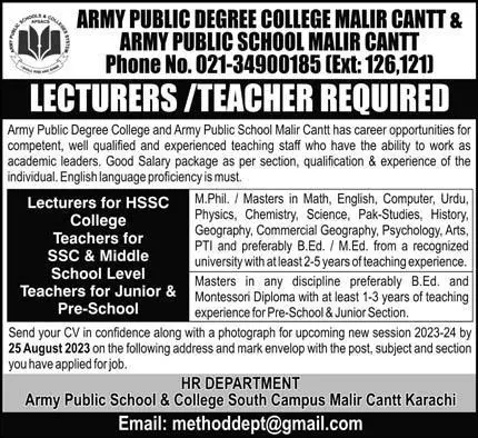 Army Public Degree College Education Karachi Jobs 2023 – Army Public School & College Paksitan Jobs 2023 — original advertisement