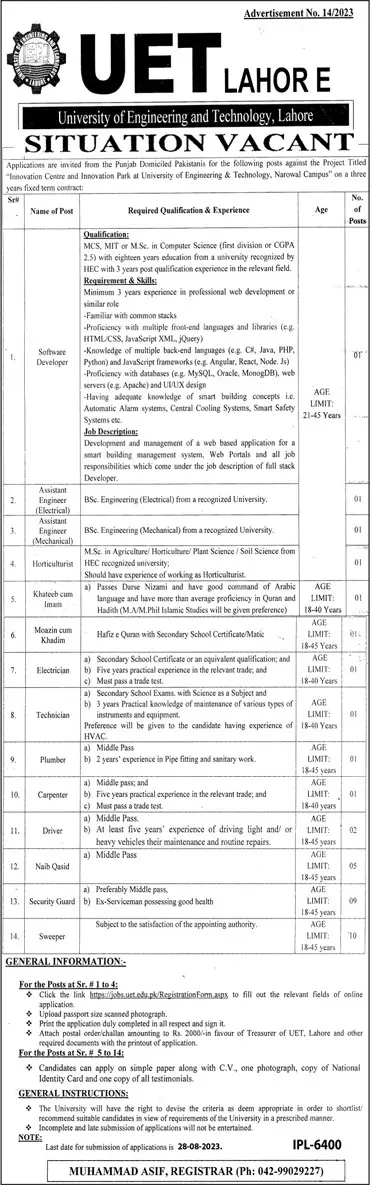 University of Engineering and Technology UET Lahore Jobs – University of Engineering  & Technology Lahore Jobs 2023 — original advertisement