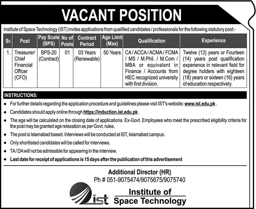 Institute of Space Technology IST Islamabad Jobs 2023 – Institute of Space Technology ITS Islamabad Jobs 2023 — original advertisement