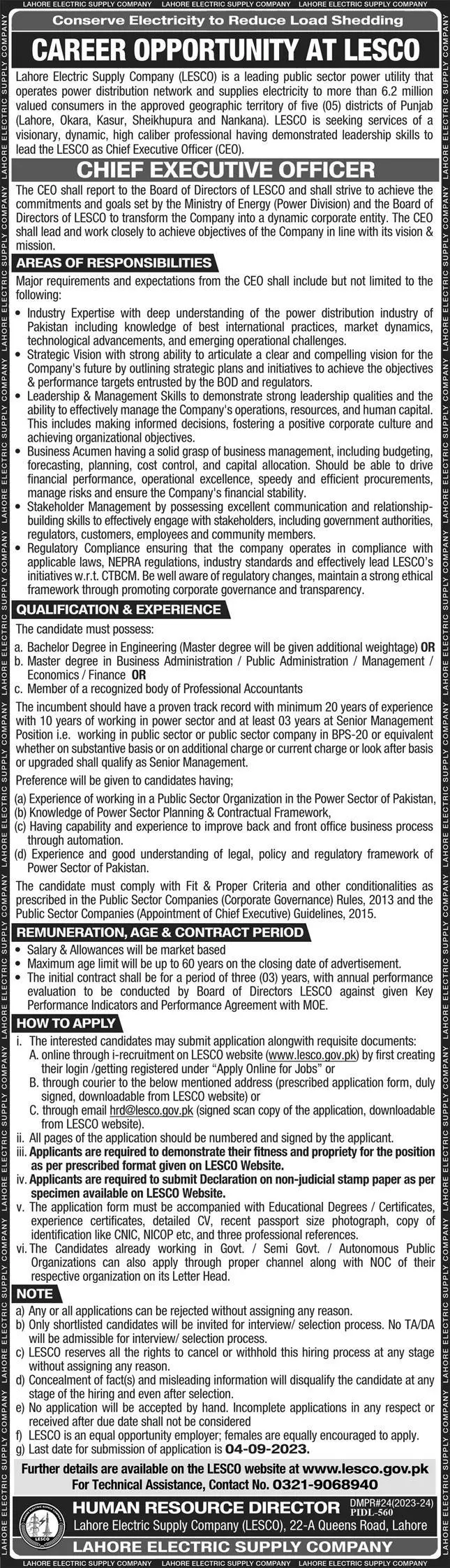 Lahore Electric Supply Company LESCO Lahore Punjab Jobs 2023 Jobs 2023 — original advertisement
