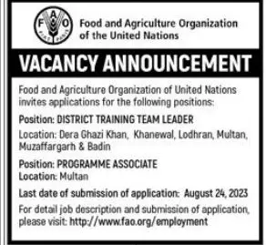 Food And Agriculture Organization Dera Ghazi Khan Jobs 2023 – Food and Agriculture Organization FAO Jobs 2023 — original advertisement