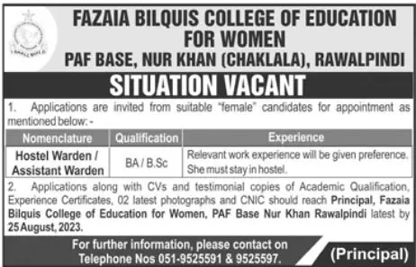Fazaia Bilquis College OF Education For Women Jobs 2023 – Fazaia Schools & Colleges Jobs 2023 — original advertisement
