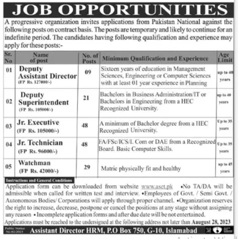 Progressive Organization Islamabad Jobs 2023 – Public Sector Organization Jobs 2023 — original advertisement
