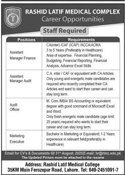Rashid Latif Medical College Lahore Jobs 2023 Jobs 2023 — original advertisement