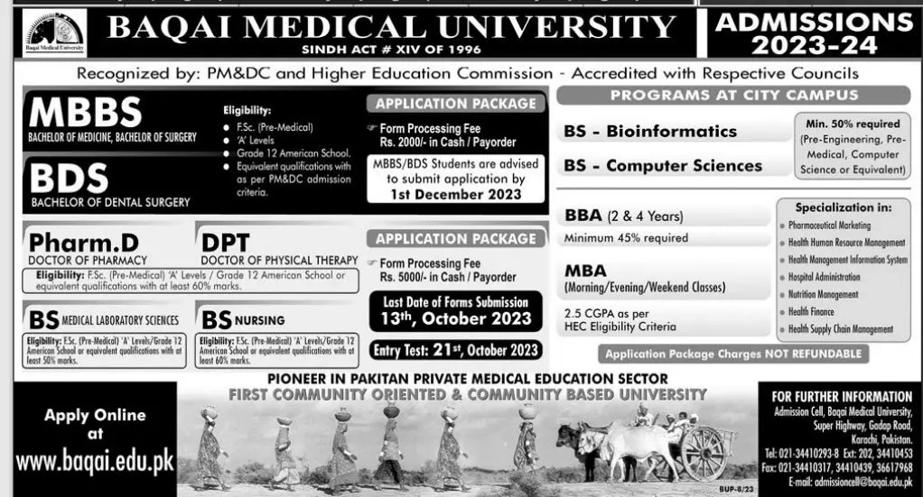 Baqai Medical Univerisity Karachi Admissions 2023 – Baqai Medical University Karachi Admissions 2023 — original advertisement