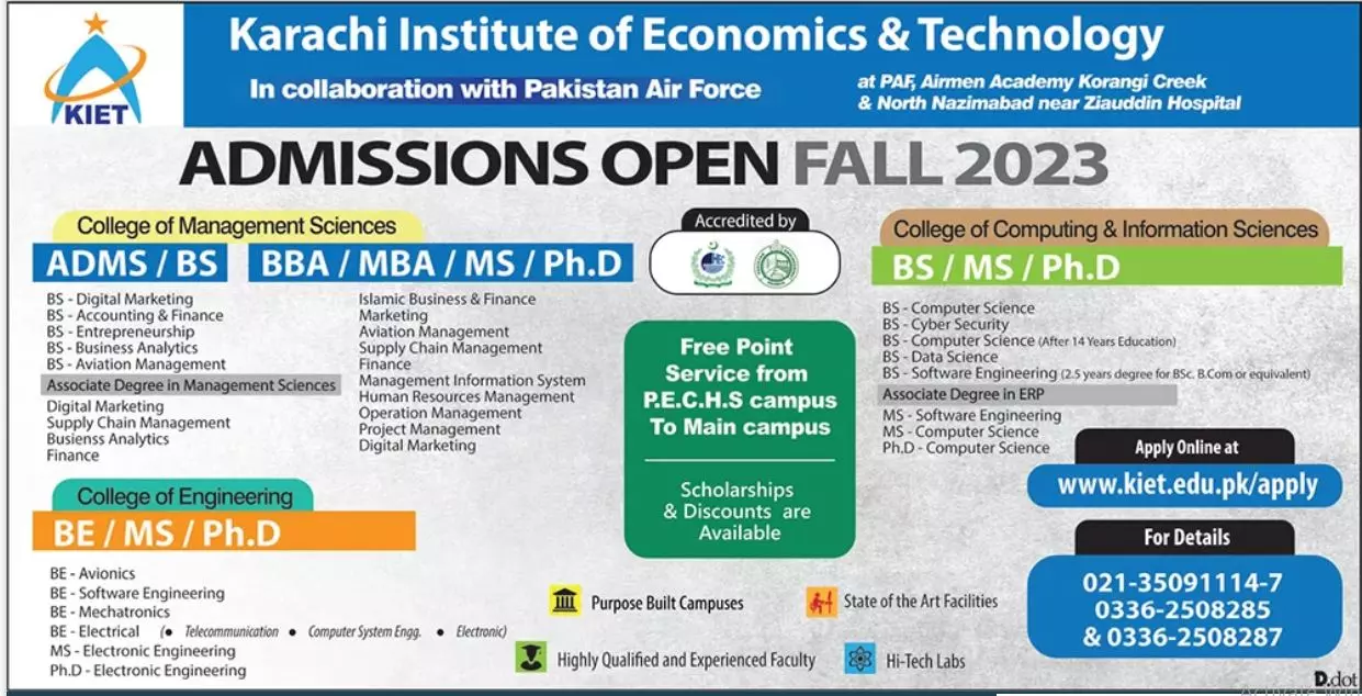 Karachi Institute of Ecomomic and Technology Admissions 2023 – Karachi Institute of Economics and Technology KIET Admissions 2023 — original advertisement
