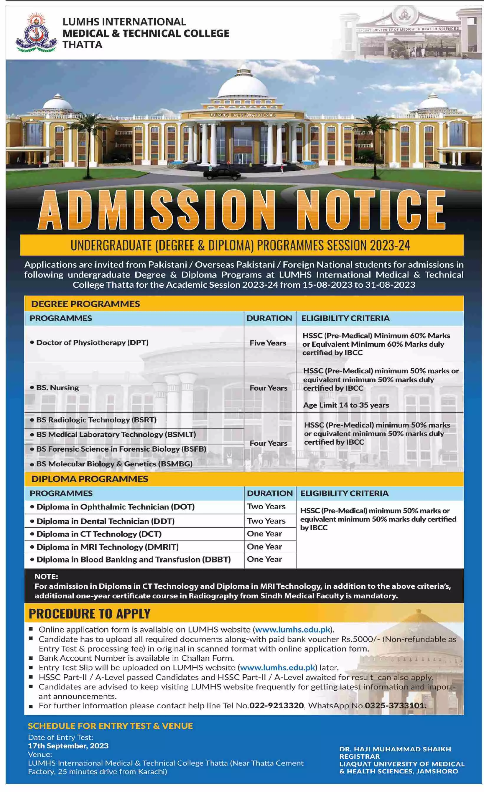 Liaquat University of Medical & Health Sciences Admissions – Liaquat University of Medical & Health Sciences (LUMHS) Jamshoro Admissions 2023 — original advertisement