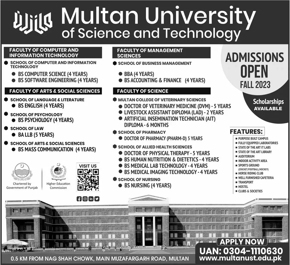 Multan Unversity of science and Technology Admissions 2023 – Multan University Of Science & Technology Admissions 2023 — original advertisement