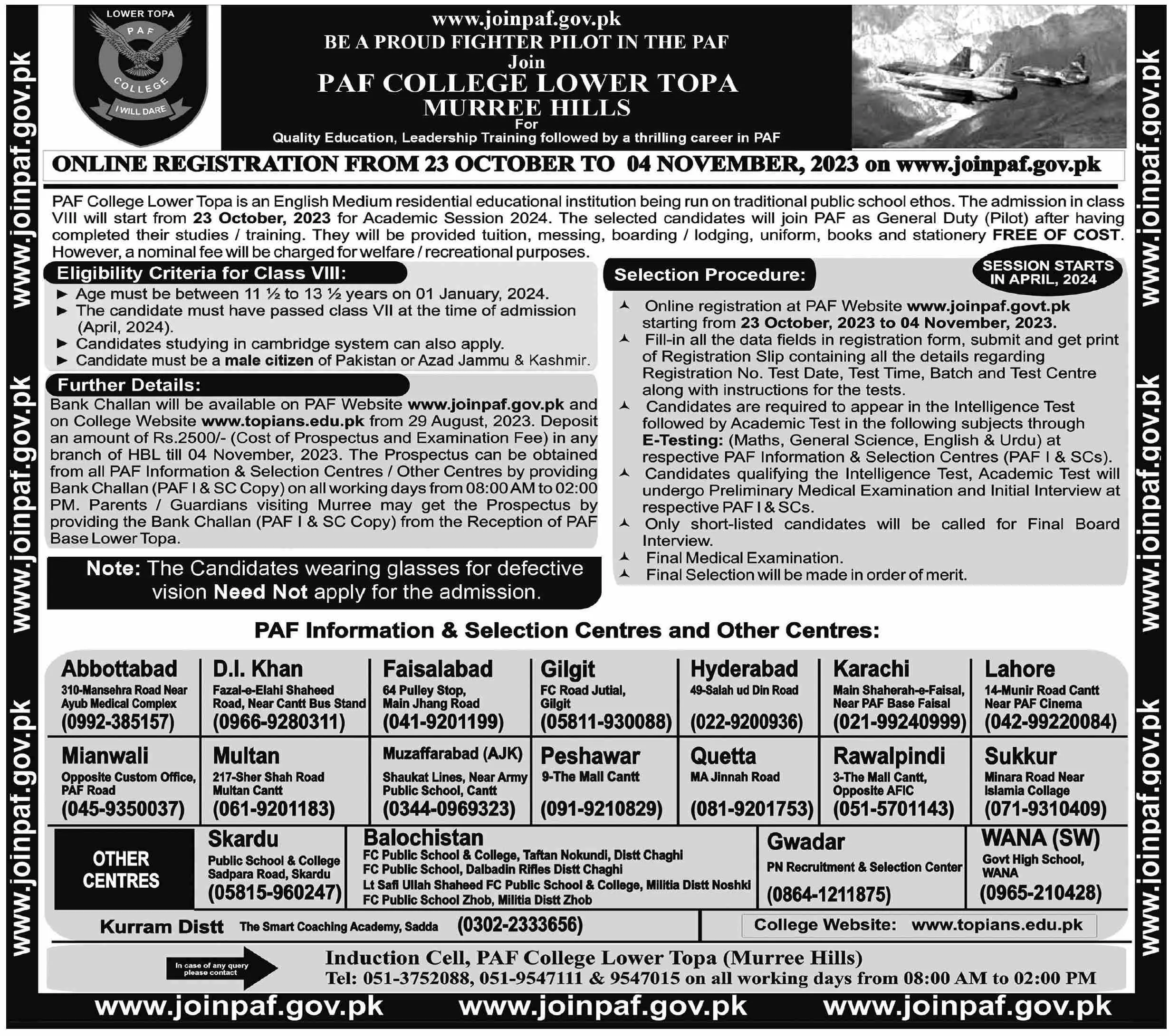 PAF College Lower Topa Murree Hills Admissions 2023 – Pakistan Air Force Admissions 2023 — original advertisement