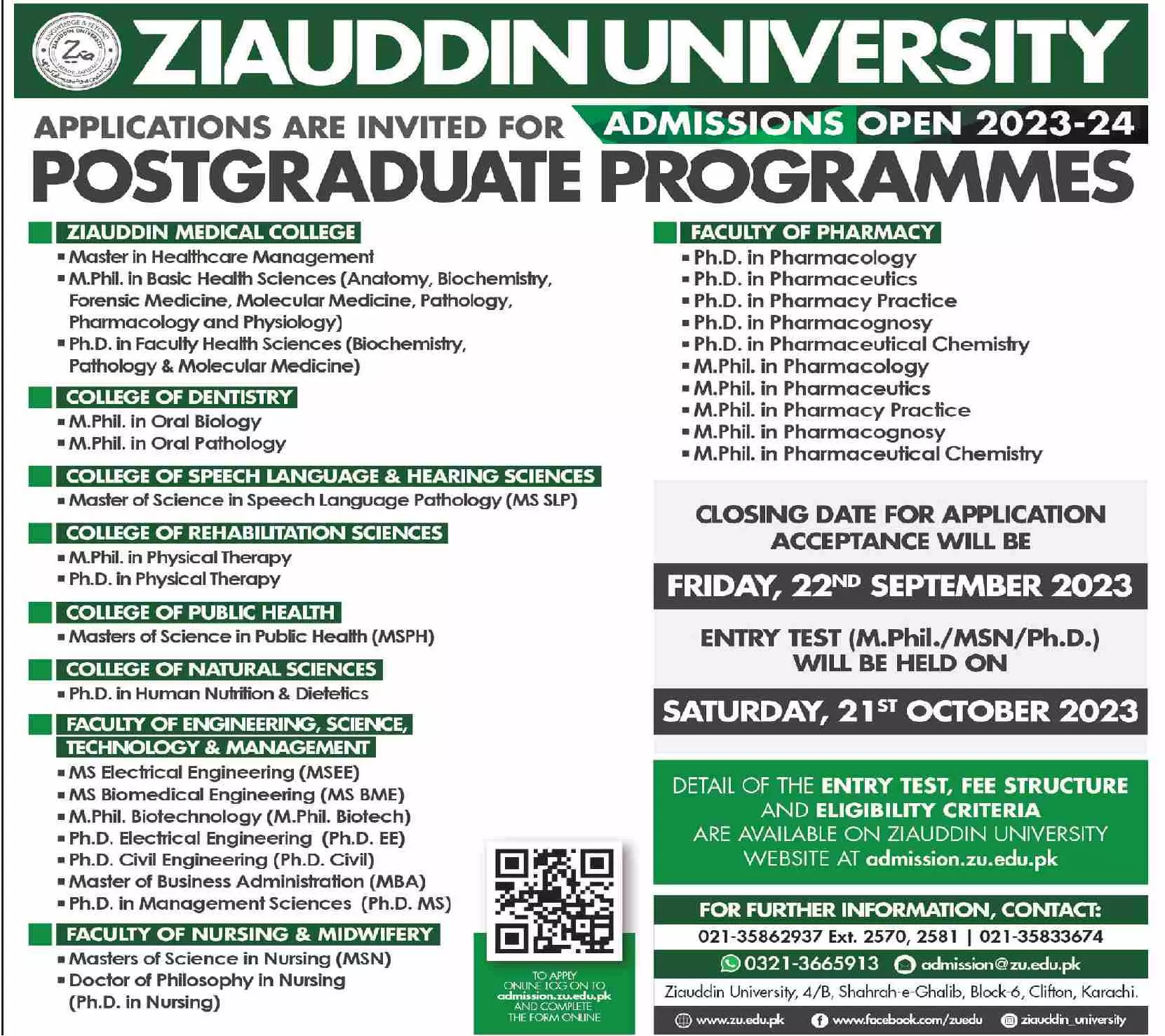 Ziauddin University Karachi Admissions 2023 Admissions 2023 — original advertisement