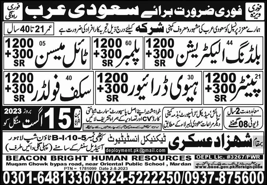 Building Electrician And Plumber Jobs 2023 In Saudi Arabia – Shahzad Askari Technical Institute Jobs 2023 — original advertisement