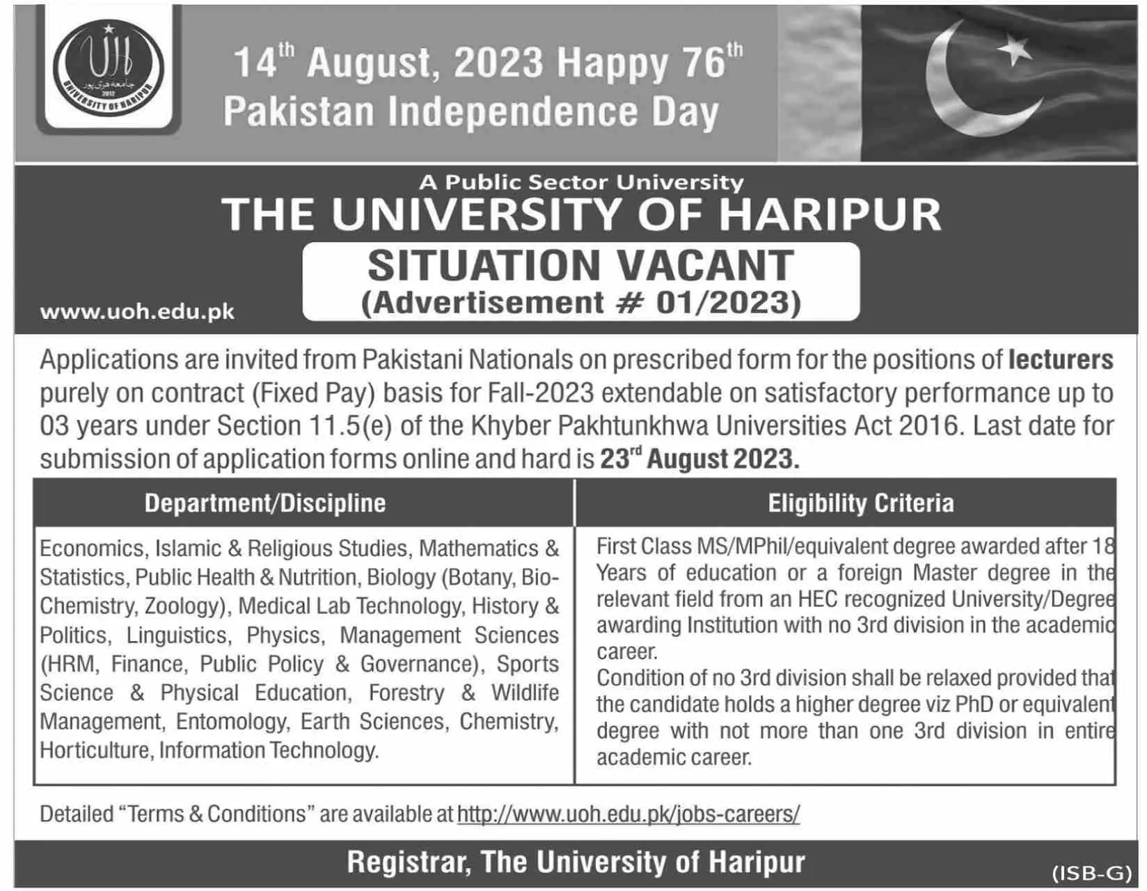 University of Haripur Khyber Pakhtunkhwa Jobs 2023 Jobs 2023 — original advertisement