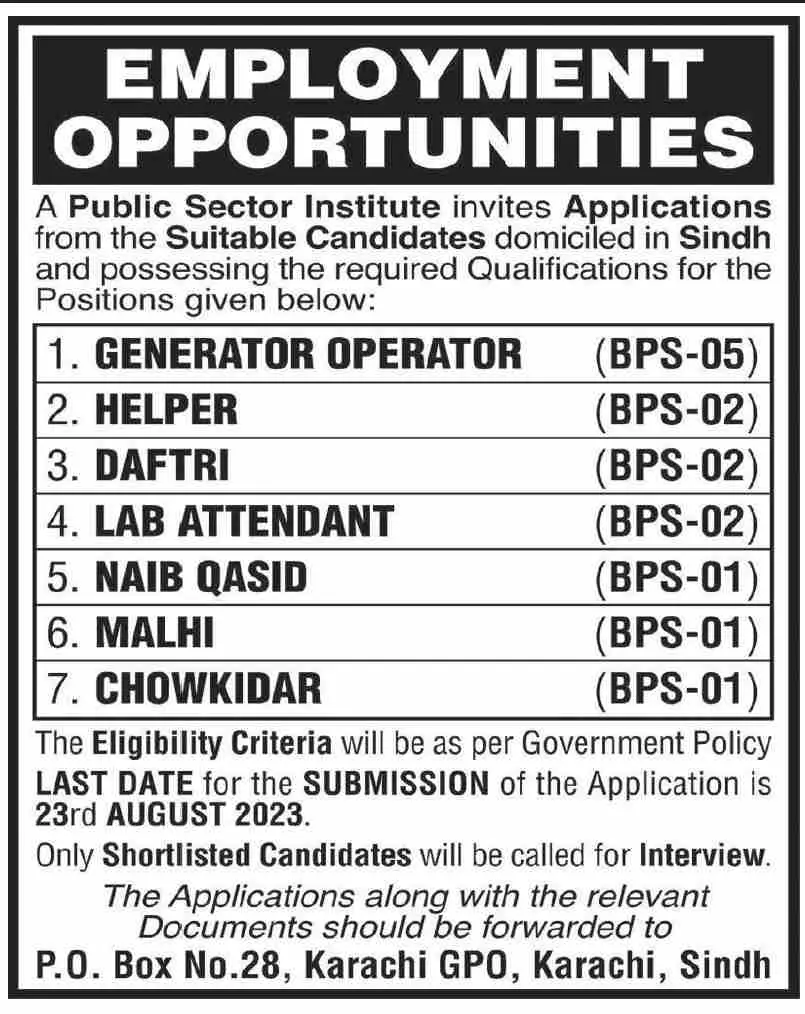 Public Sector Institute Karachi Jobs 2023 – Public Sector Organization Jobs 2023 — original advertisement