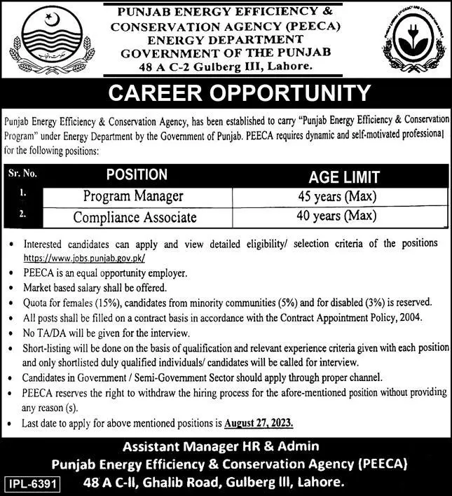 Punjab Energy Efficiency and Conservation Agency PEECA Jobs – Punjab Energy Efficiency & Conservation Agency - PEECA Jobs 2023 — original advertisement