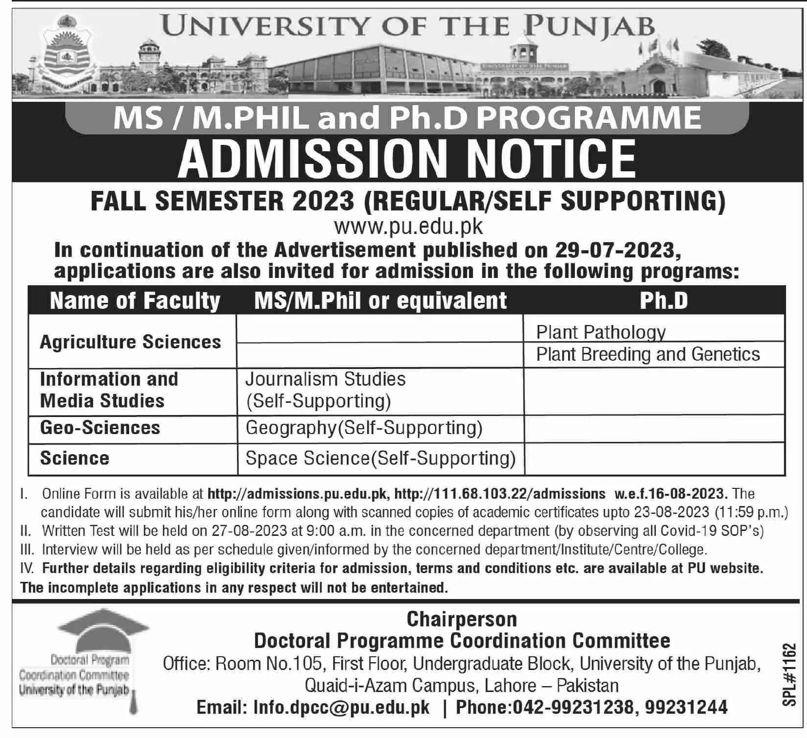 Universitty of Punjab Admissions 2023 – University of Punjab Admissions 2023 — original advertisement