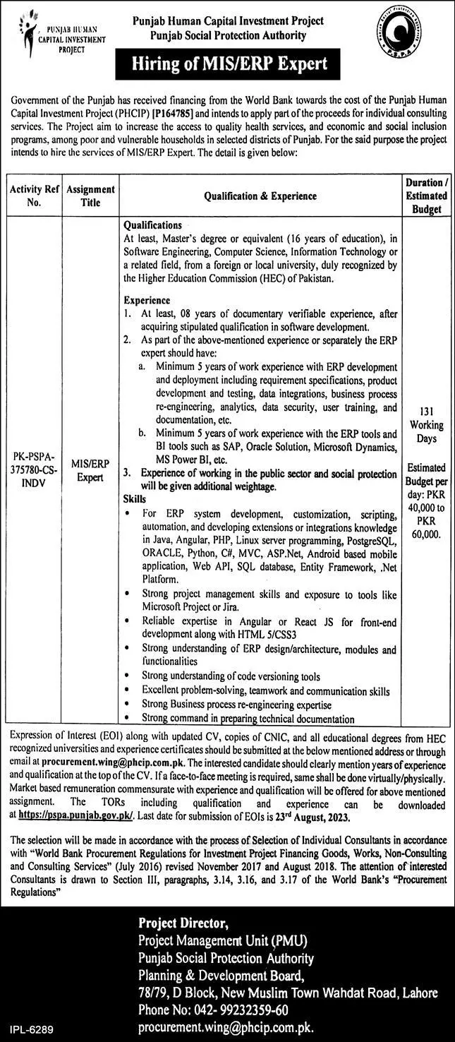 Punjab Human Capital Investment Project Lahore Jobs 2023 – Punjab Human Organ Transplantation Authority Jobs 2023 — original advertisement