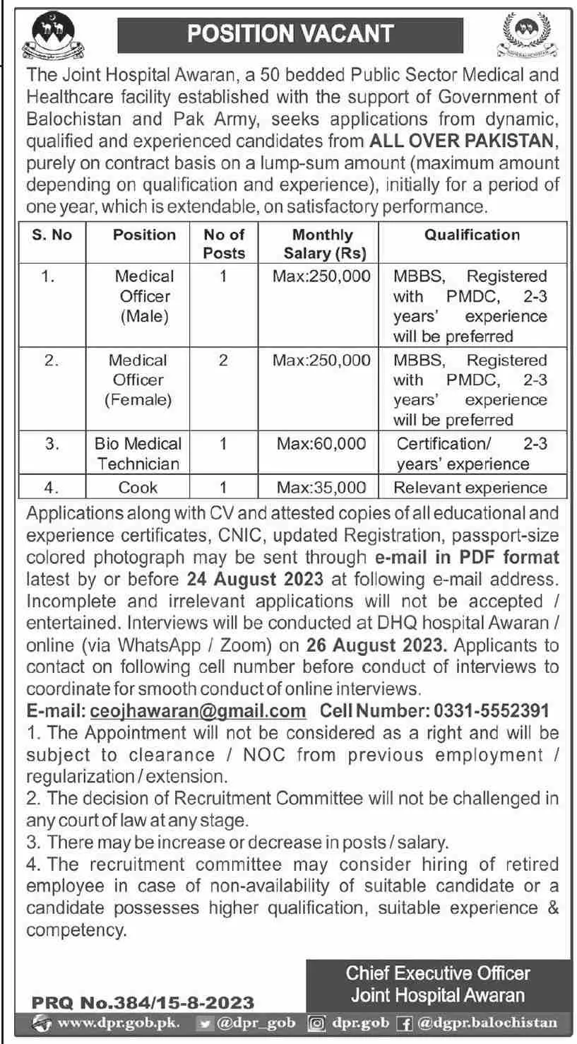 Joint Hospital Awarran Balochistan Jobs 2023 – Joint Hospital Awaran Jobs 2023 — original advertisement