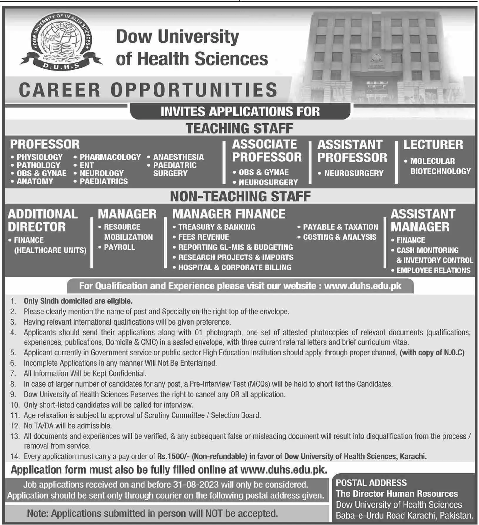 Dow University Of Health Sciences DUHS Karachi Jobs 2023 – Dow University of Health Sciences Karachi Jobs 2023 — original advertisement