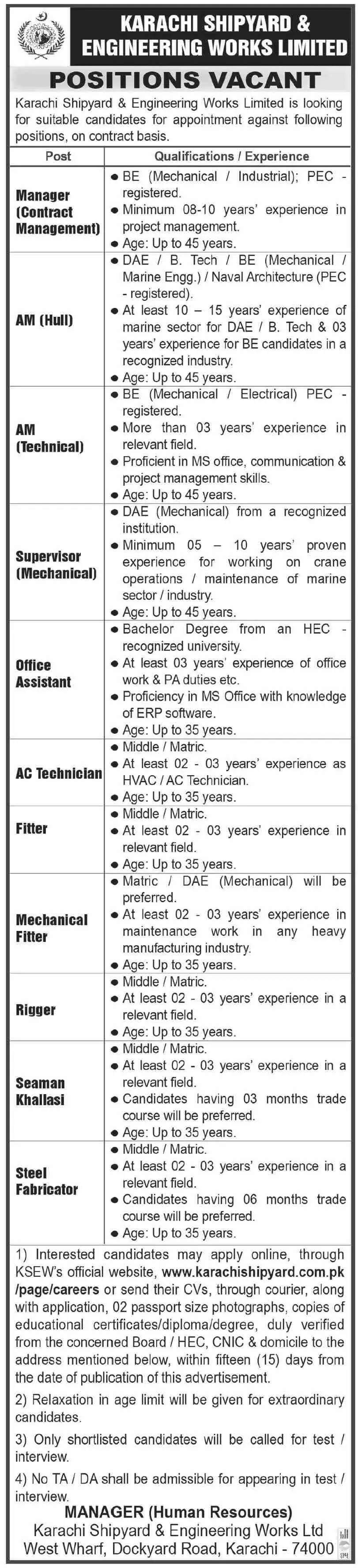 Karachi Shipyard and Engineering Works KSEW Jobs 2023 – Karachi Shipyard & Engineering Works Limited Jobs 2023 — original advertisement