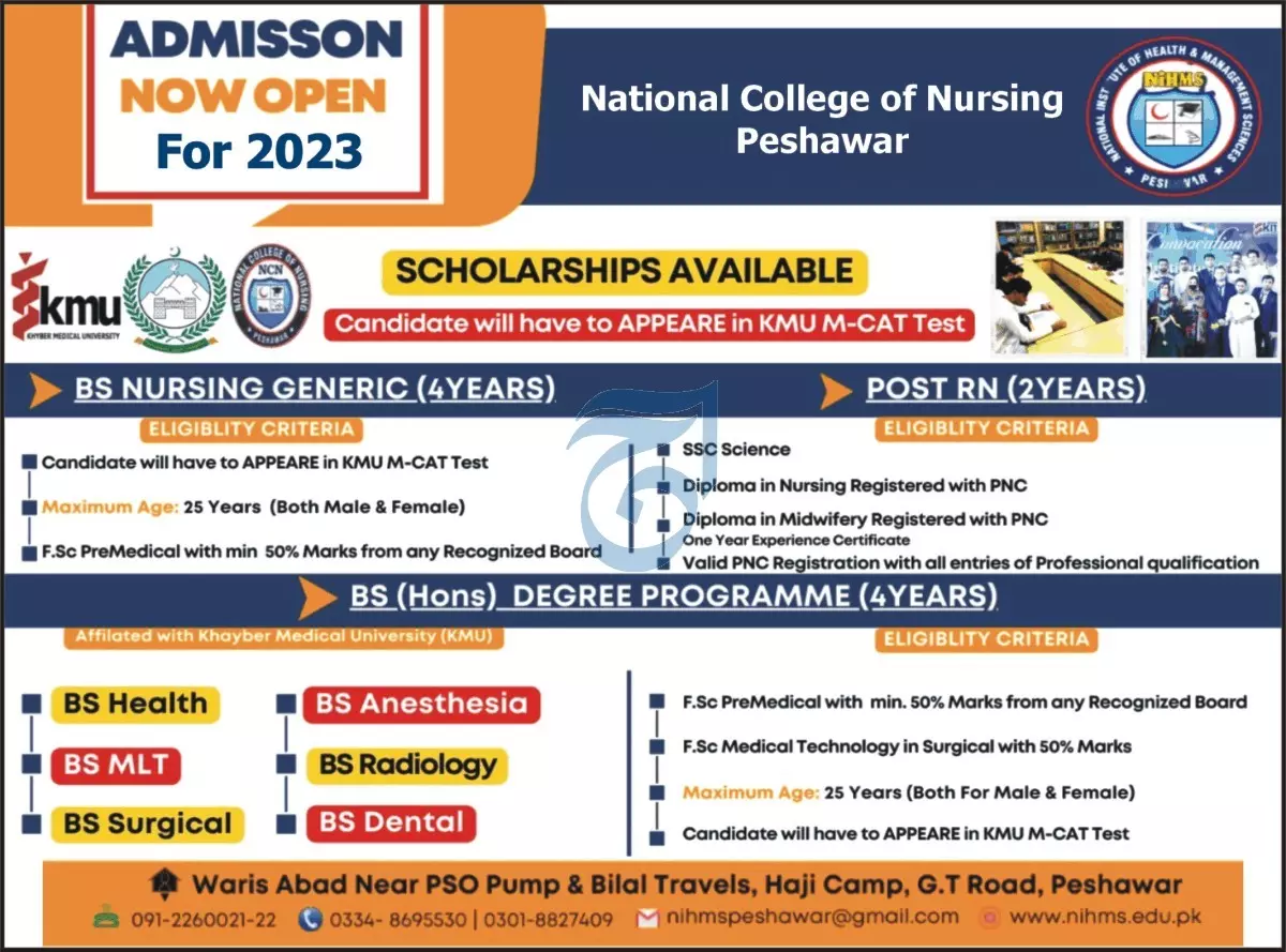 National College of Nursing (NCN) Peshawar Admissions 2023 Admissions 2023 — original advertisement
