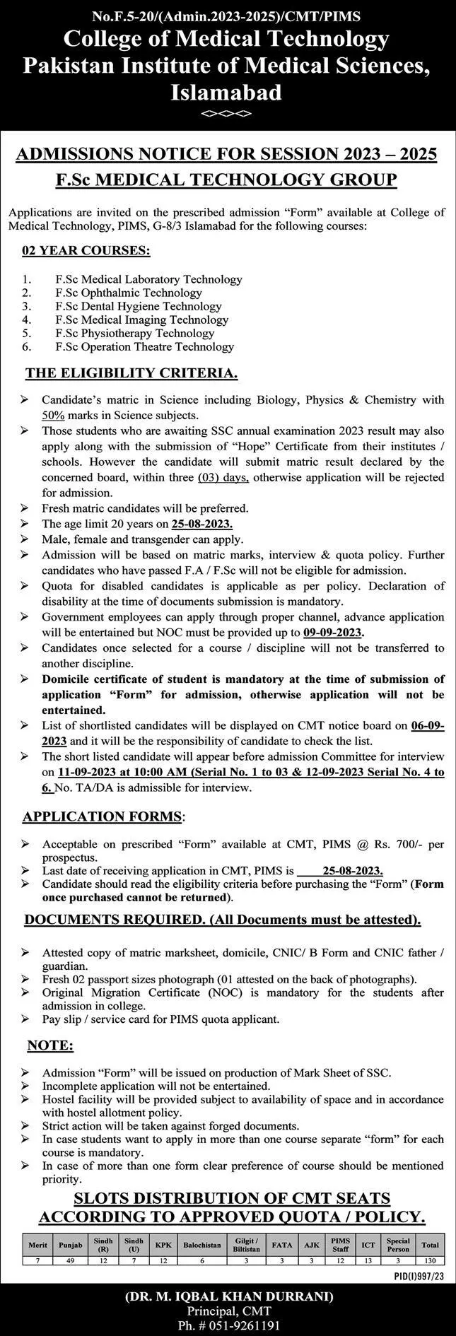 Pakistan Institute of Medical Sciences Islamabad Admissions – Pakistan Institute of Medical Sciences PIMS Islamabad Admissions 2023 — original advertisement