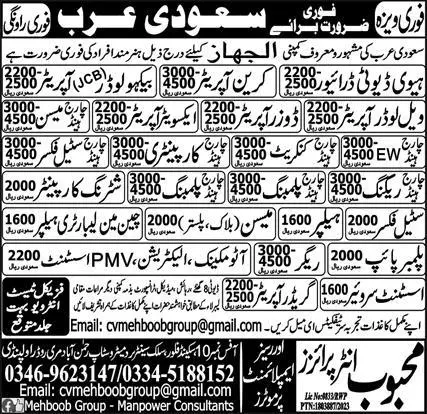 Chargehand Concrete & Excavator Operator Jobs 2023 – Mehboob Enterprises Overseas Employment Promoters Jobs 2023 — original advertisement