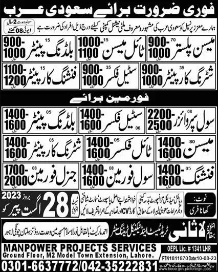 Civil Supervisor & General Foreman Jobs 2023 In Saudi Arabia – Lasani Trade Test & Technical Training Center Jobs 2023 — original advertisement