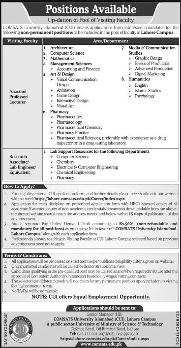 Comsats University islamabad Lahore Campus Jobs 2023 Jobs 2023 — original advertisement